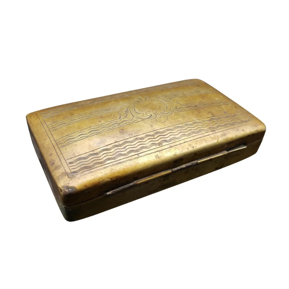 Antique ca 1900s Brass Metal Tobacco Snuff Box Engraved Wave Pattern Hinged Lid